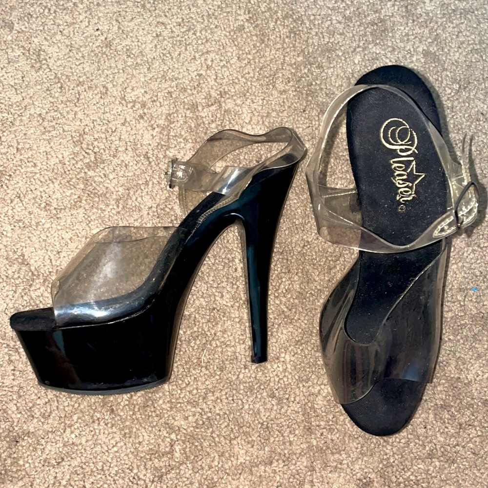Black/clear strap 6inch platform PLEASER heels. Size 9. Like new!